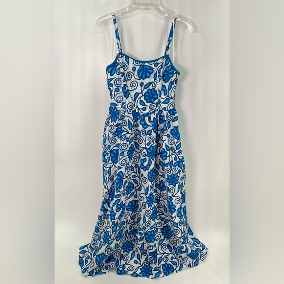 Current Air Blue and White Floral Midi Dress Crochet Accent Belted Pockets Small - Picture 6 of 14